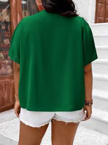 SHEIN LUNE 大碼素色蝙蝠袖圍裹細節襯衫 - 綠色 - 查看 2