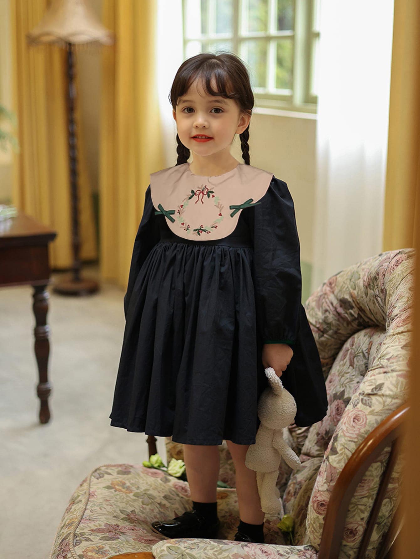 Niñas Vestido con bordado floral con lazo delantero con cordón trasero - Negro - Ver 1