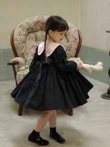 Niñas Vestido con bordado floral con lazo delantero con cordón trasero - Negro - Ver 2