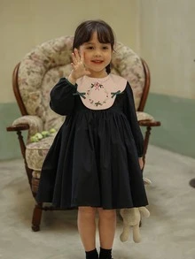 Niñas Vestido con bordado floral con lazo delantero con cordón trasero - Negro - Ver 3