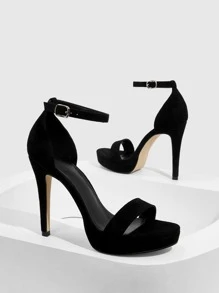 CUCCOO BIZCHIC Woman Shoes Single Band Point Toe Stiletto Heeled Elegant Black Faux Suede Ankle Strap Sandals For Summer Graduation Heels Prom Heels Vacation Shoes Summer Elegant Basics Business Casual Business Chic Spring Shoes Spring Break Easter