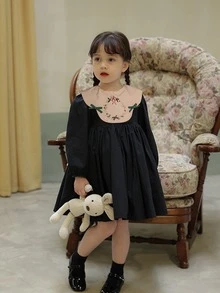 Niñas Vestido con bordado floral con lazo delantero con cordón trasero - Negro - Ver 5