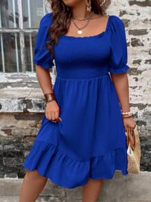 SHEIN Clasi Plus Square Neck Puff Sleeve Ruffle Hem Dress, Summer - Royal Blue - View 3