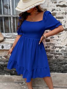 SHEIN Clasi Plus Square Neck Puff Sleeve Ruffle Hem Dress, Summer - Royal Blue - View 5