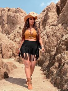 SHEIN Clasi Quần Short kích thước lớn mép Dây kéo màu trơn Boho - màu đen - Xem 6