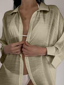 Solid Open Front Kimono Without Bikini - Khaki - View 3