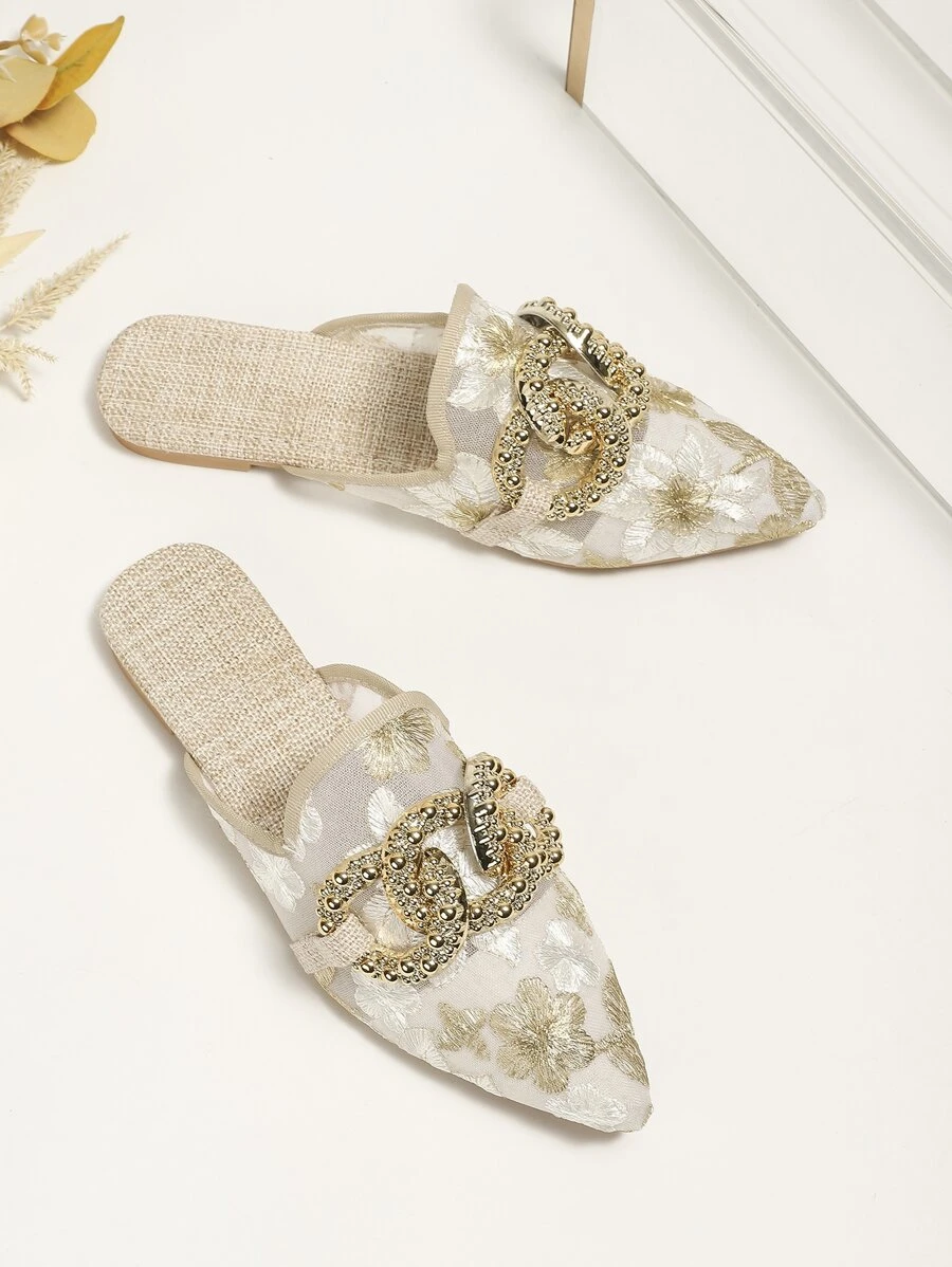 Fall/Winter Women's Elegant Spring/Summer Flat Pointed Toe White Mesh With Metal Buckle Mule Slip-On Shoes (Shoe Vamp Pattern Randomly Selected) - Multicolor - View 1