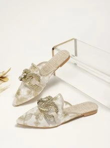 Fall/Winter Women's Elegant Spring/Summer Flat Pointed Toe White Mesh With Metal Buckle Mule Slip-On Shoes (Shoe Vamp Pattern Randomly Selected) - Multicolor - View 3