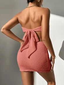 SHEIN PETITE Solid Waffle Knit Tie Backless Bandana Hem Crop Tube Top & Bodycon Skirt - Coral Pink - View 2