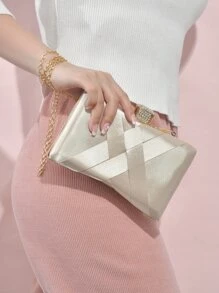 Mini Box Bag Glamorous Rhinestone Decor Braided Detail Chain Satin For Party, Perfect Bride Purse For Wedding, Prom & Party Events - Gold - View 1