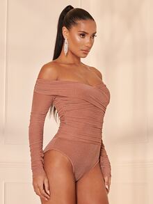 SHEIN BAE Body de hombros descubiertos fruncido lateral brillante - Rosa Oxidada - Ver 5