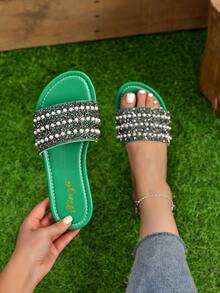 Rhinestone & Faux Pearl Decor Slide Sandals - Green - View 1