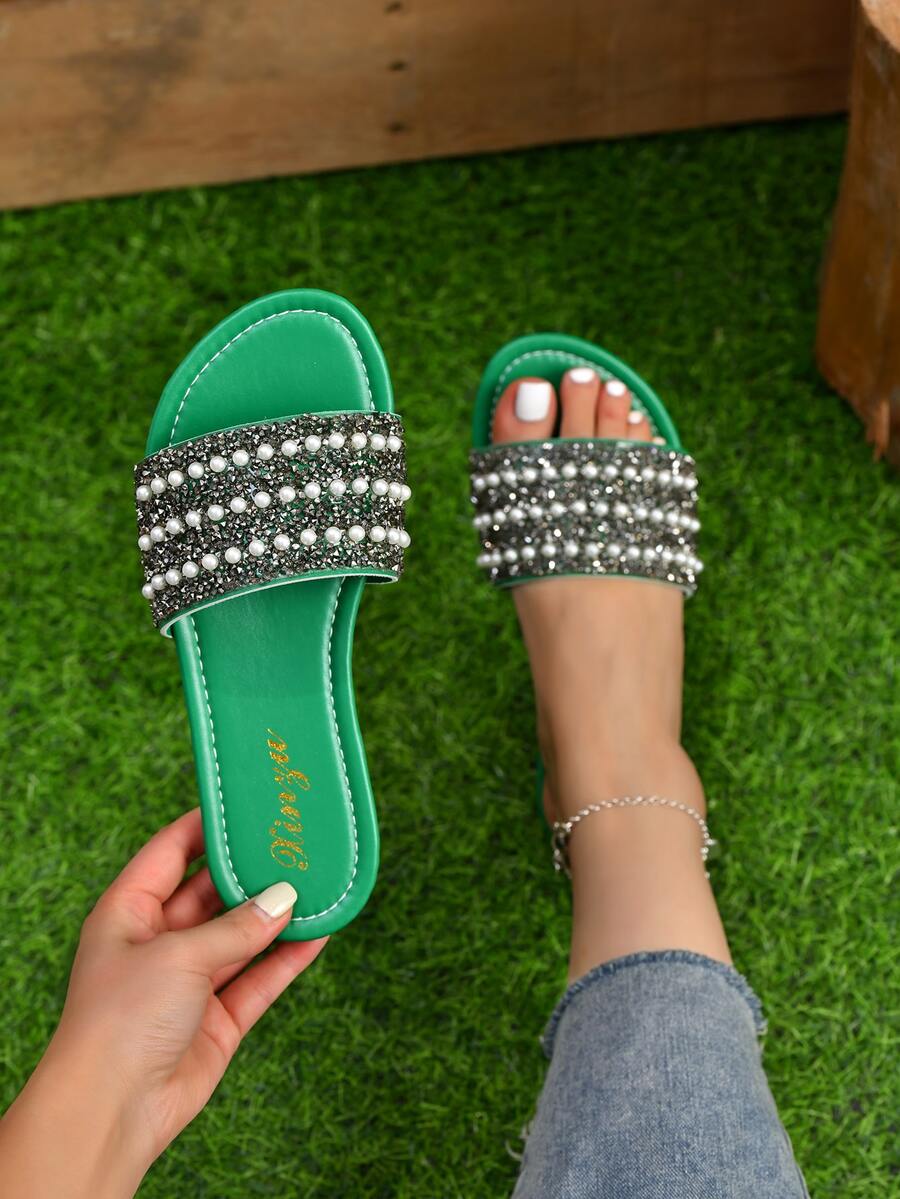 Rhinestone & Faux Pearl Decor Slide Sandals - Green - View 1