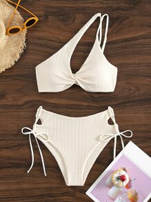 SHEIN Swim 夏季海灘扭結前夾肩系帶比基尼套裝 - 米色 - 查看 3