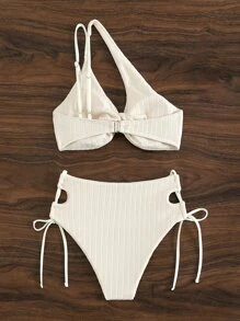 SHEIN Swim Summer Beach Twist Front One Shoulder Tie Side Bikini Set - Beige - View 7