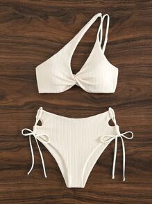 SHEIN Swim Summer Beach Twist Front One Shoulder Tie Side Bikini Set - Beige - View 1