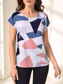 EMERY ROSE Geo Print Batwing Sleeve Blouse,Short Sleeve Tops - Multicolor - View 3