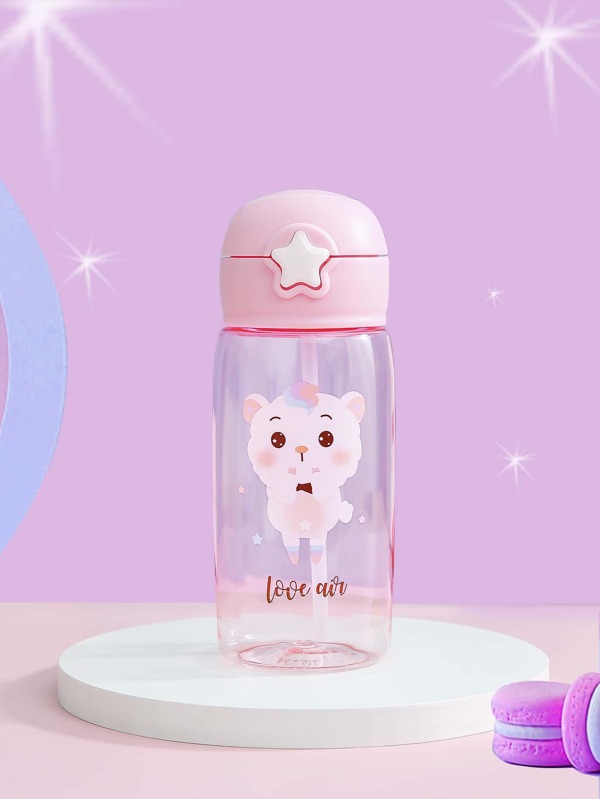 1pc Cartoon & Letter Graphic Water Bottle, Cartoon Animal Print Water Bottle With Straw Lid For Indoor And Outdoor