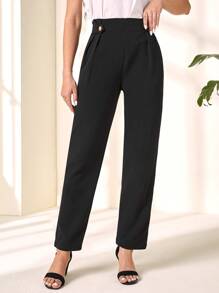 EMERY ROSE High Waist Button Detail Fold Pleated Detail Pants