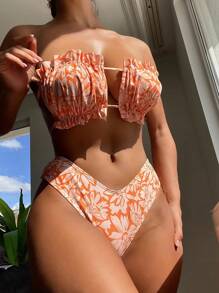 花卉印花荷葉邊束身夏季沙灘比基尼套裝 - 彩色 - 查看 3