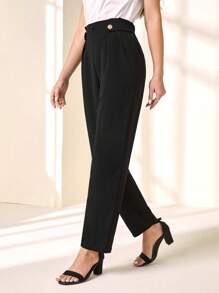 EMERY ROSE High Waist Button Detail Fold Pleated Detail Pants