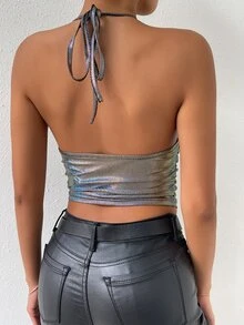 Allurite Draped Collar Tie Backless Hanky Hem Halter Top - Silver - View 2