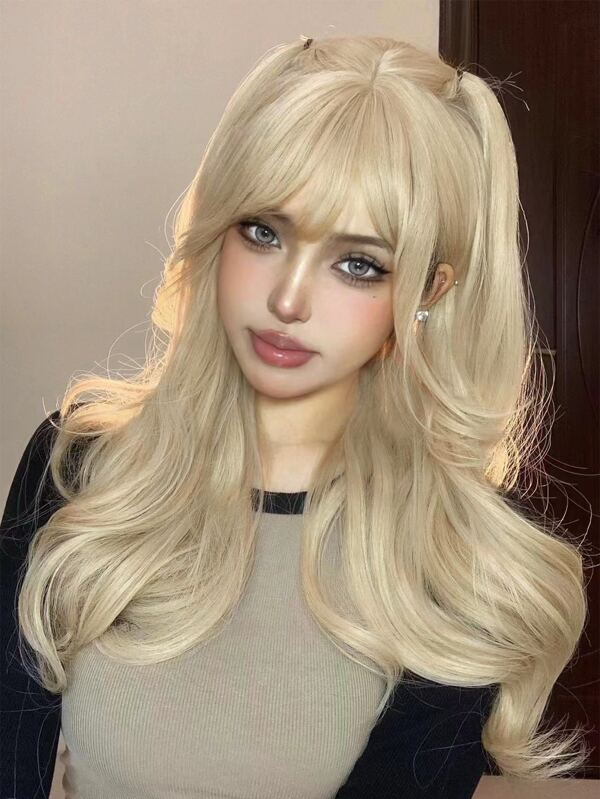 1-Piece Synthetic Heat Resistant Long Curly Wavy Hair With Bangs Wig Milk Tea Gold 24 Inch Fully Machine Woven Daily Natural Realistic Blonde Wig Christmas Y2k Gift