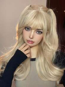 1-Piece Synthetic Heat Resistant Long Curly Wavy Hair With Bangs Wig Milk Tea Gold 24 Inch Fully Machine Woven Daily Natural Realistic Blonde Wig Christmas Y2k Gift