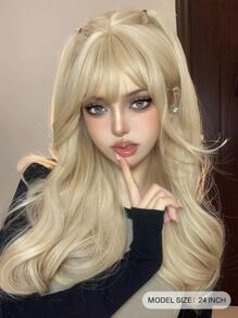 1-Piece Synthetic Heat Resistant Long Curly Wavy Hair With Bangs Wig Milk Tea Gold 24 Inch Fully Machine Woven Daily Natural Realistic Blonde Wig Christmas Y2k Gift