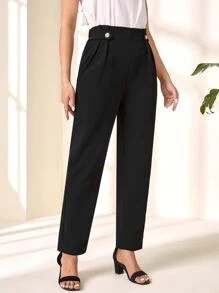 EMERY ROSE High Waist Button Detail Fold Pleated Detail Pants