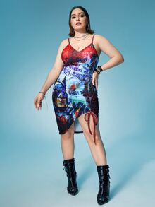 Warner Bros 100 Years X SHEIN 大碼標語和卡通圖案前抽繩吊帶連衣裙 - 彩色 - 查看 4