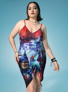 Warner Bros 100 Years X SHEIN 大碼標語和卡通圖案前抽繩吊帶連衣裙 - 彩色 - 查看 1