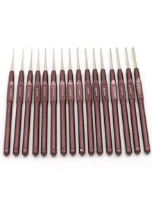 QJH 16pcs Metal + Plastic Crochet Needle ABS Handle Crochet Handle Knitting Needle Set  0.5mm-2.5mm Yarn Sweater Knitting Needle Tools(Brown) - Brown - View 3