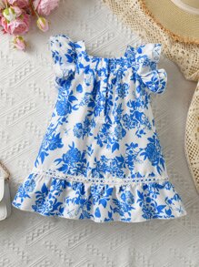 Baby Girl Floral Print Ruffle Hem Dress - Blue and White - View 2