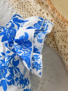 Baby Girl Floral Print Ruffle Hem Dress - Blue and White - View 3