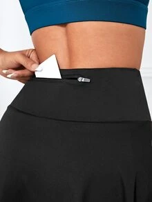 High Waist Sports Skort With Phone Pocket - Black - View 2