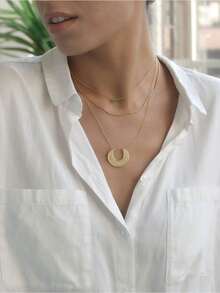 Cubic Zirconia Decor Moon Charm Silver Necklace - Gold - View 2