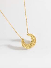 Cubic Zirconia Decor Moon Charm Silver Necklace - Gold - View 5