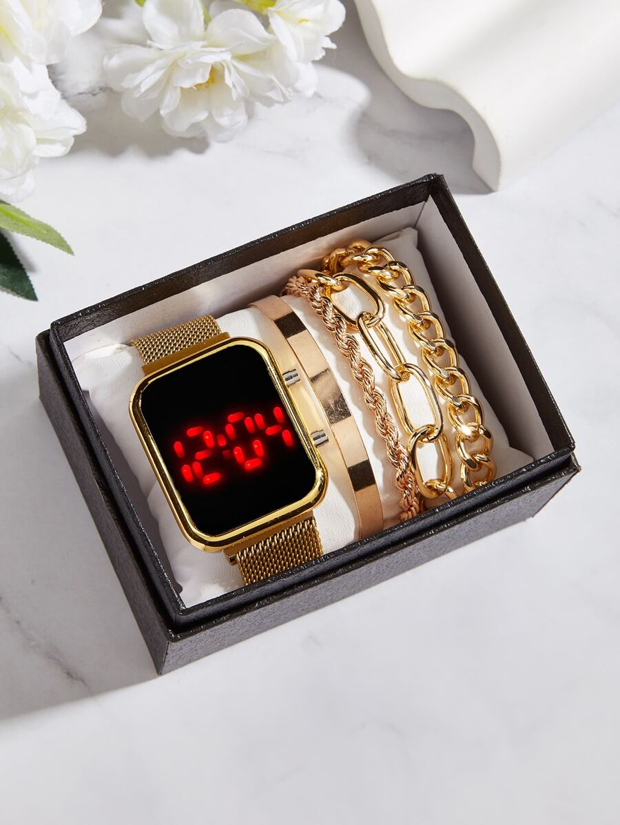 1 件女士豪华成人手表，配 YT 金色磁性手链组合（无礼品盒） - 金色 - 查看 1