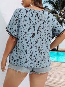 SHEIN LUNE Plus Allover Print Petal Sleeve Blouse - Dusty Blue - View 2