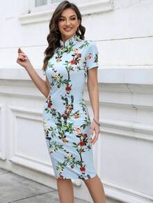 Floral Print Bodycon Cheongsam Qipao Dress - Blue - View 4