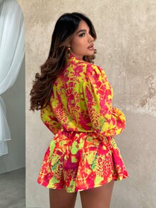 SHEIN SXY 滿版印花燈籠袖襯衫和短褲和胸罩