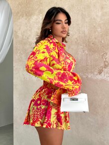 SHEIN SXY 滿版印花燈籠袖襯衫和短褲和胸罩