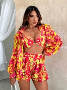 SHEIN SXY 滿版印花燈籠袖襯衫和短褲和胸罩