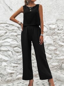 SHEIN LUNE 素色後紐扣背心上衣和闊腿褲 - 黑色 - 查看 3