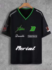 Manfinity EMRG Men Letter Graphic Contrast Trim Tee - Black - View 4