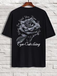 Manfinity EMRG 寬鬆男士格言和花卉印花下垂肩t恤 - 黑色 - 查看 5