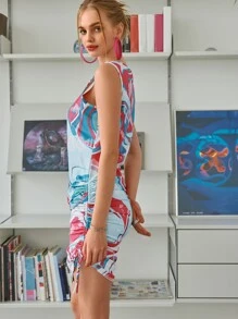 SHEIN Allover Print Drawstring Side Bodycon Dress - Multicolor - View 7