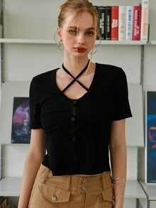 SHEIN Áo thun nữ Hội Chữ thập Buộc lại Gân đan Nút phía trước màu trơn Giải trí - màu đen - Xem 3