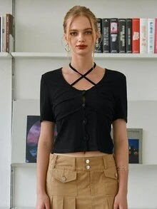 SHEIN Áo thun nữ Hội Chữ thập Buộc lại Gân đan Nút phía trước màu trơn Giải trí - màu đen - Xem 7